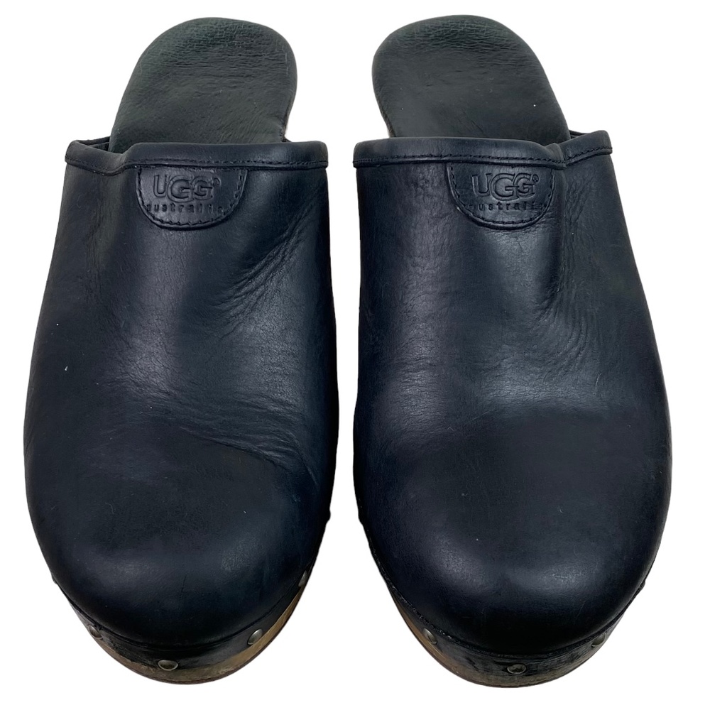 UGG Abbie Sz 9 Wooden Platform Clogs Mules Shoes Black Leather Fur Lined Studded - Picture 5 of 12